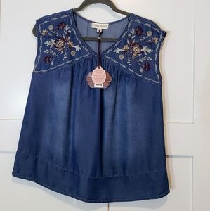 Knox Rose Denim Chambray Sleeveless Top Floral Embroidery Sz Small 100% Lyocell